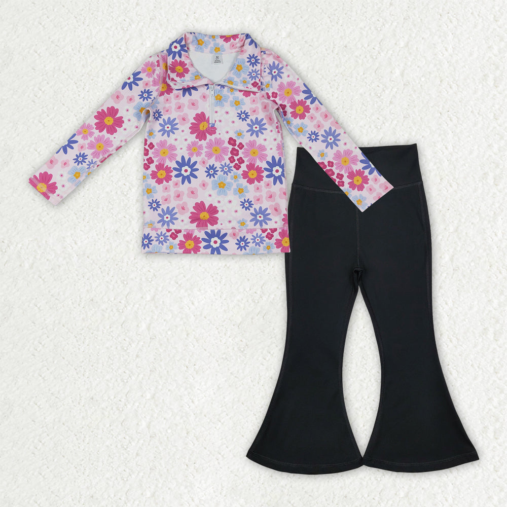 GLP3275 Baby Girls Colorful Flowers Zip Pullovers Black Bell Bottom Pants Yoga Active Clothes Sets