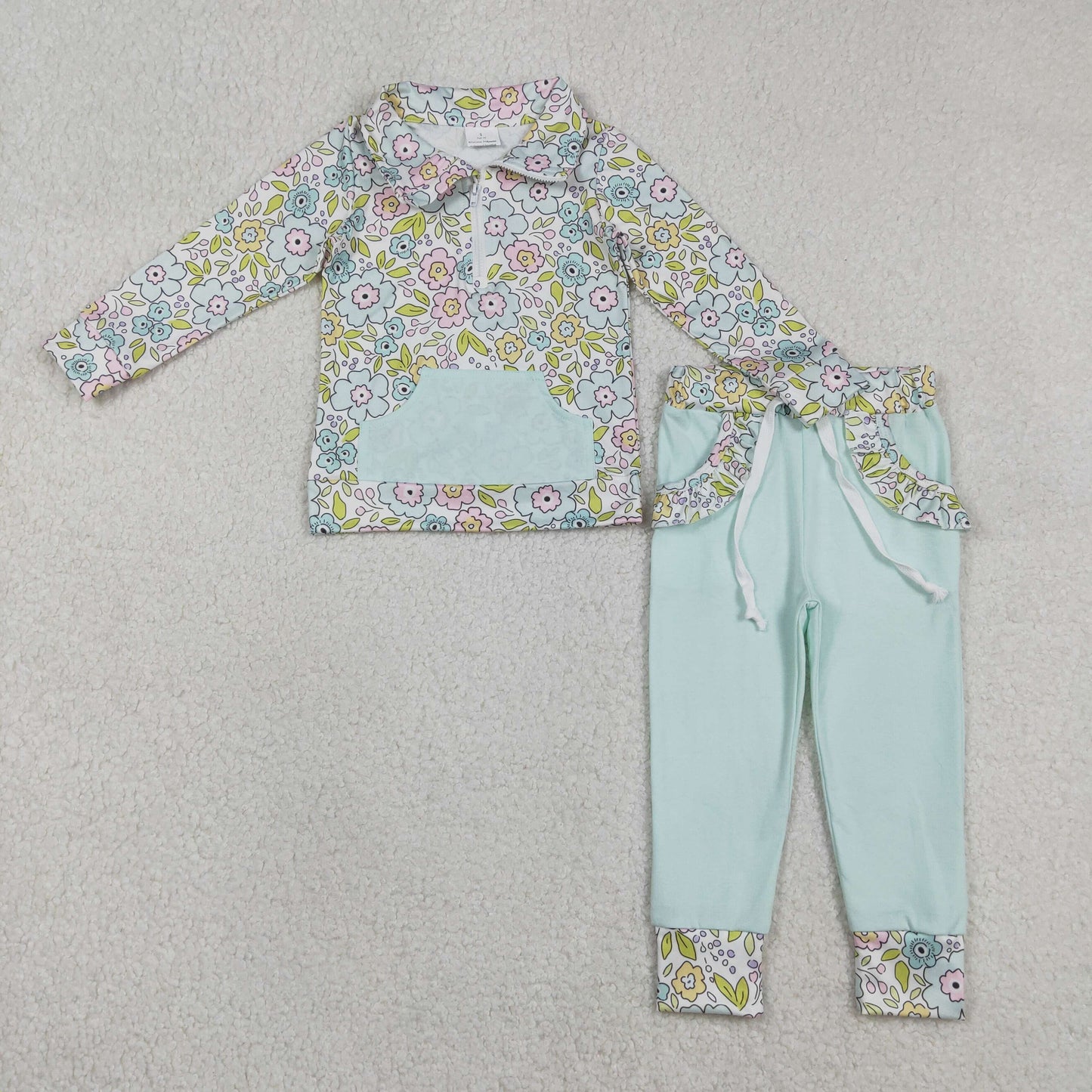 GLP3278 Baby Girls Colorful Floral Zipper Pockets Pullover Jogger Pants Clothes Sets