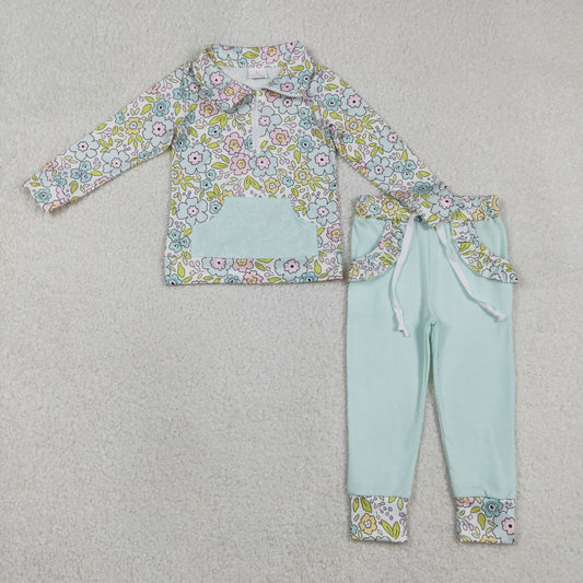 GLP3278 Baby Girls Colorful Floral Zipper Pockets Pullover Jogger Pants Clothes Sets