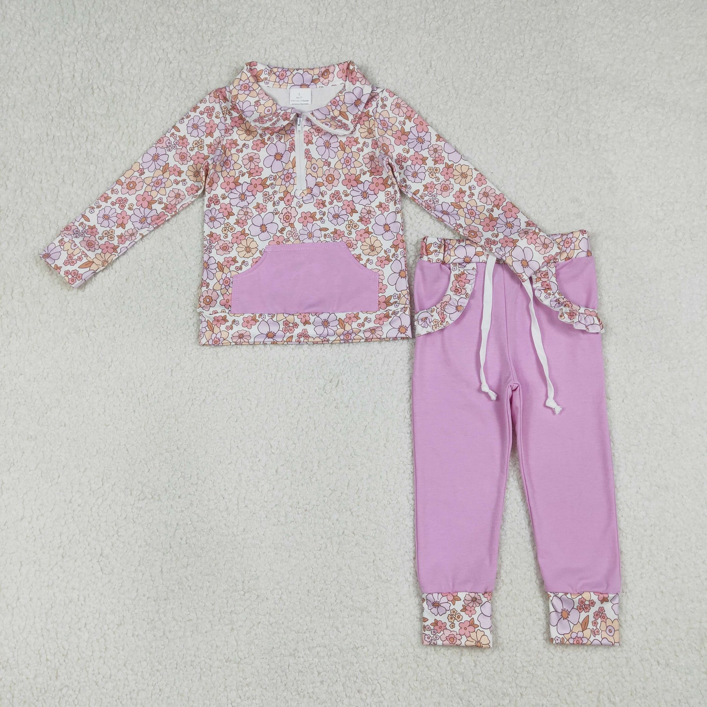 GLP3281 Baby Girls Pink Flowers Pockets Zipper Pullover Jogger Pants Clothes Sets