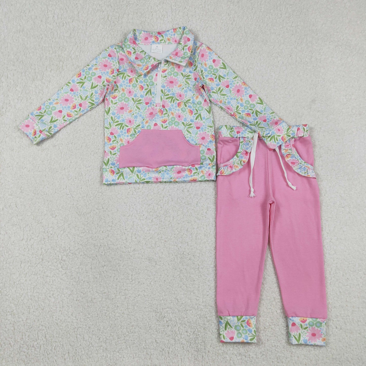 GLP3282 Baby Girls Pink Flowers Pocket Zip Pullovers Jogger Pants Clothes Sets
