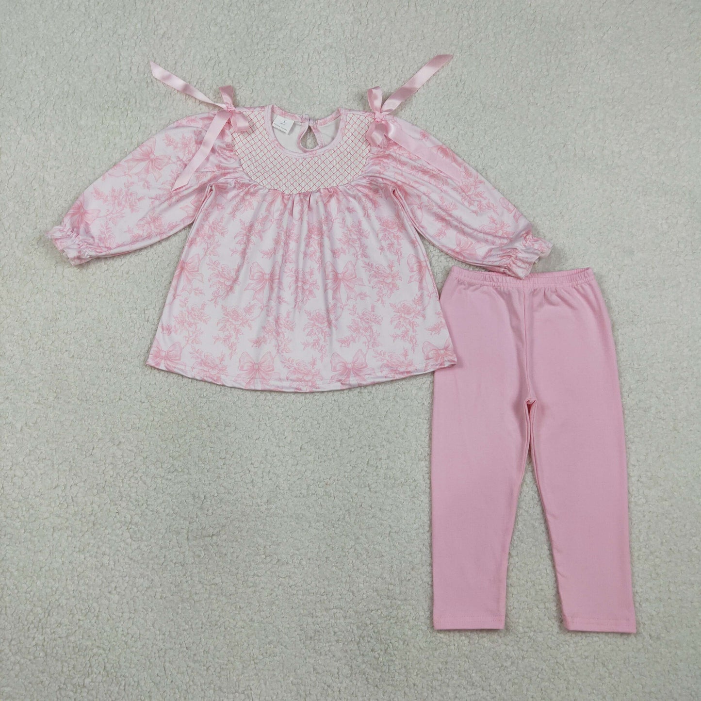 GLP3285 Smocked Checked Baby Girls Flowers Bows Tunic Legging Pants Clothes Sets