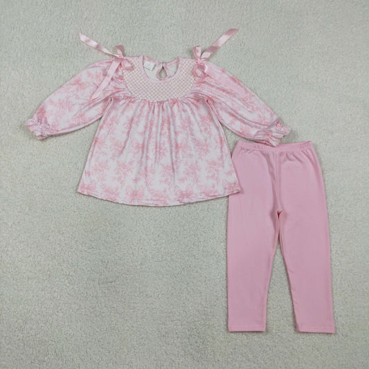 GLP3285 Smocked Checked Baby Girls Flowers Bows Tunic Legging Pants Clothes Sets