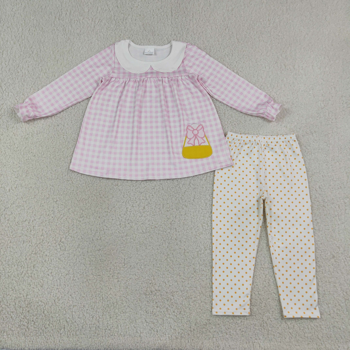 GLP3320 Baby Girls Embroidery Bow Candy Pink Checked Tunic Polka Dots Leggings Halloween Set