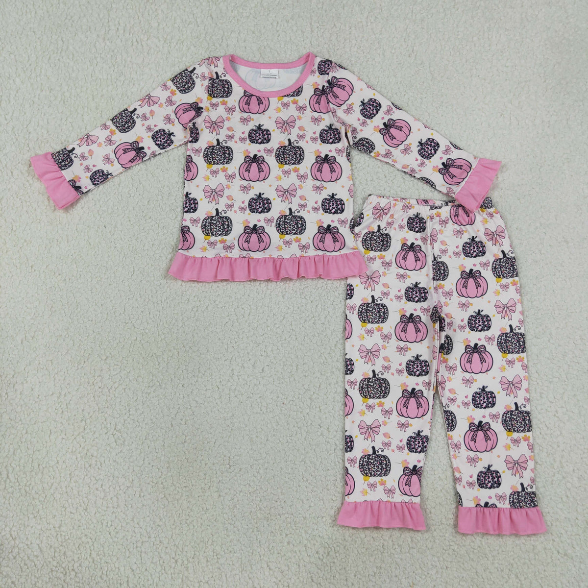 GLP3350 Baby Girls Pink Bows Pumpkins Top Ruffle Pant Fall Pajamas Clothes Set