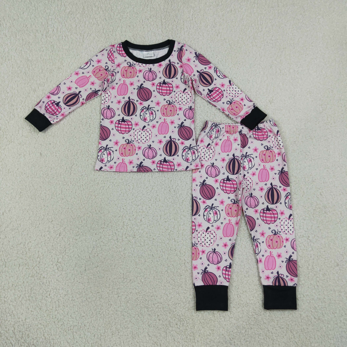 GLP3357 Baby Girls Pink Flowers Pumpkins Top Pant Fall Pajamas Clothes Set