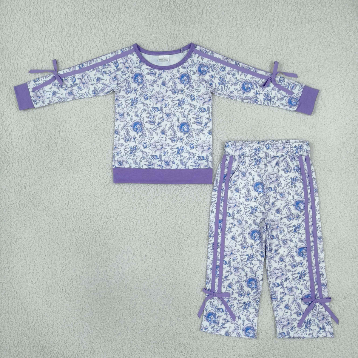 GLP3365 Baby Girls Purple Flowers Top Bows Pockets Flare Pant Fall Clothes Set