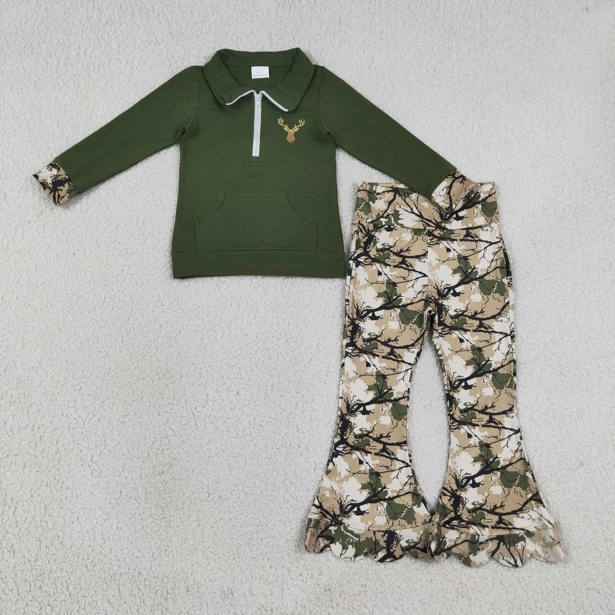 GLP3369 Baby Girls Embroidery Deer Zip Pockets Pullover Scallop Flare Pant Hunting Set