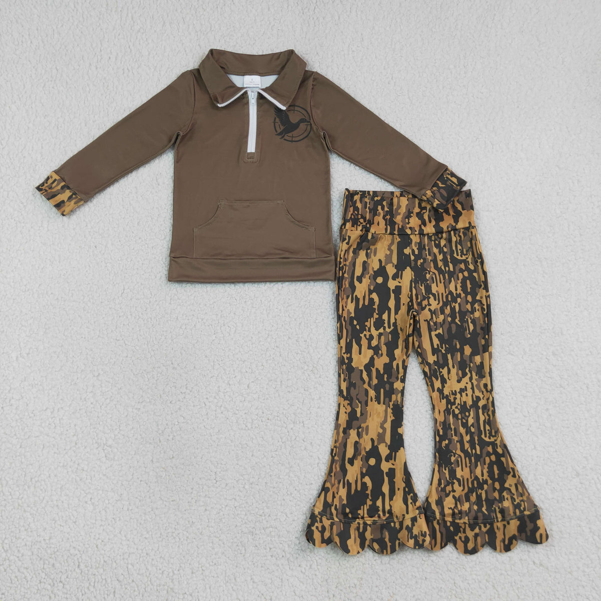 GLP3373 Baby Girls Khaki Camo Ducks Zip Pocket Pullover Scallop Pant Hunting Clothes Sets