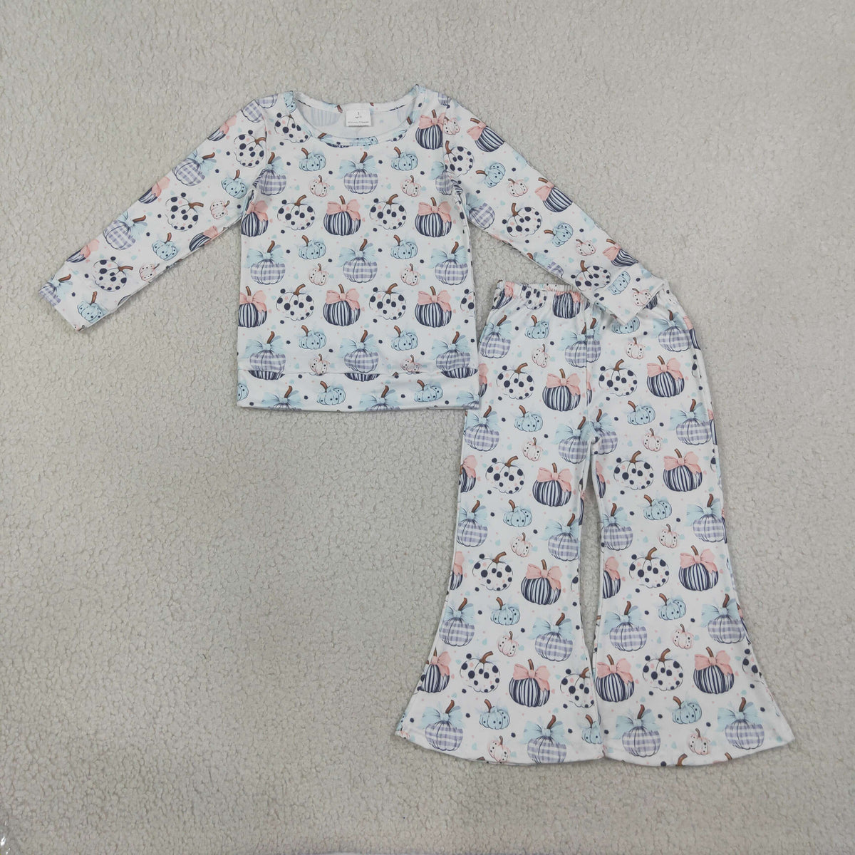 GLP3403 Baby Girls Bows Pumpkins Plaid Top Flare Pant Fall Clothes Sets