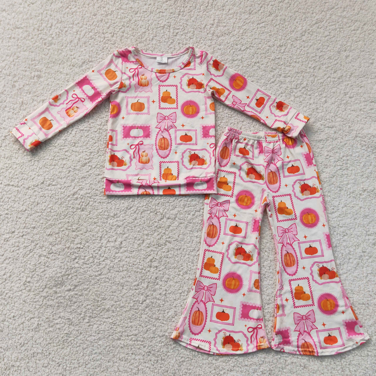 GLP3405 Baby Girls Bows Pumpkins Top Flare Pant Fall Clothes Sets