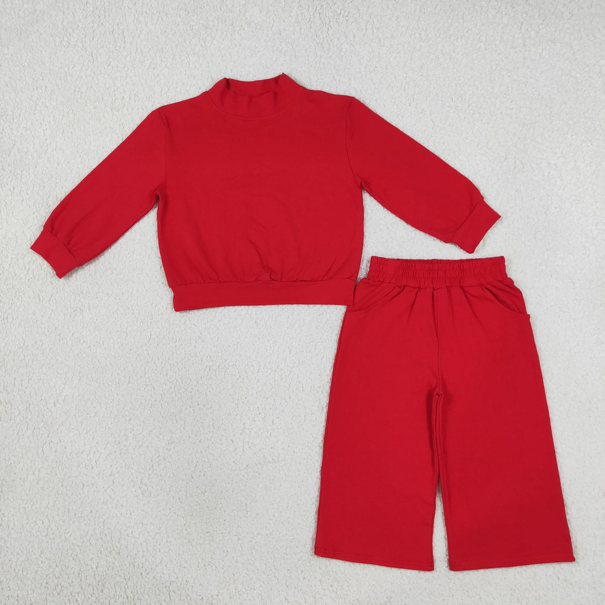 Mama and Me Girls Red Long Sleeves Choker Shirts Pockets Flare Pant Clothes Sets