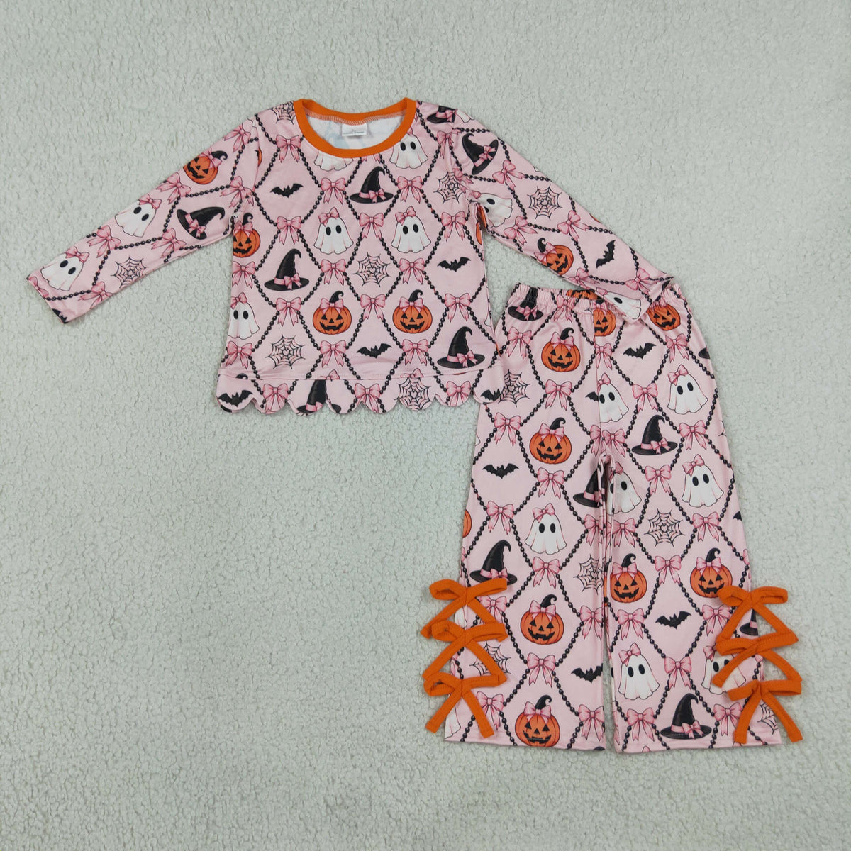 GLP3434 Baby Girls Ghosts Pumpkins Scallop Top Bows Flare Pant Halloween Clothes Set