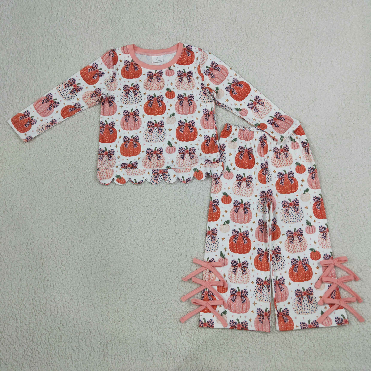 GLP3435 Baby Girls Pumpkins Scallop Top Bows Flare Pant Fall Clothes Set