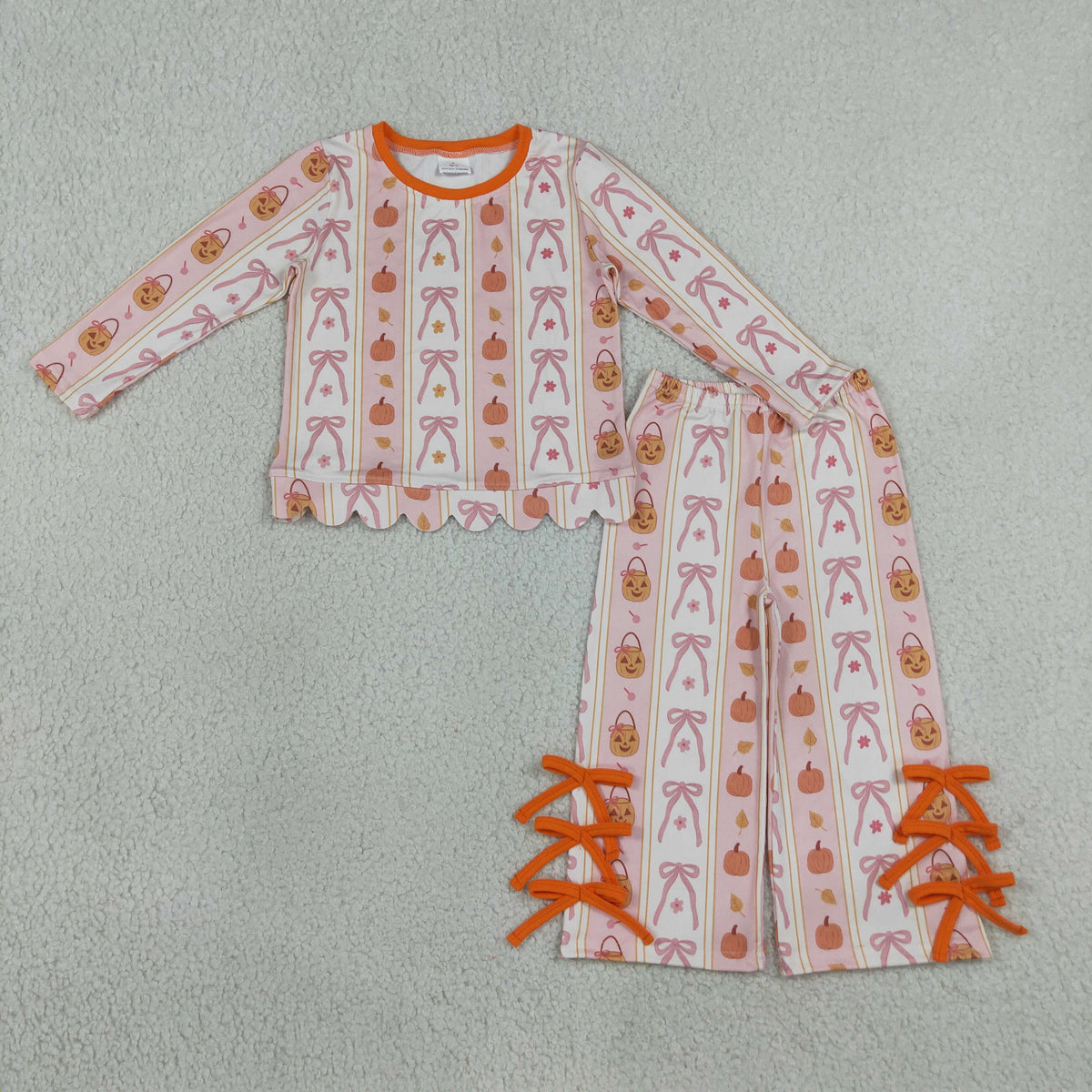 GLP3436 Baby Girls Pumpkins Stripe Scallop Top Bows Flare Pant Fall Clothes Set