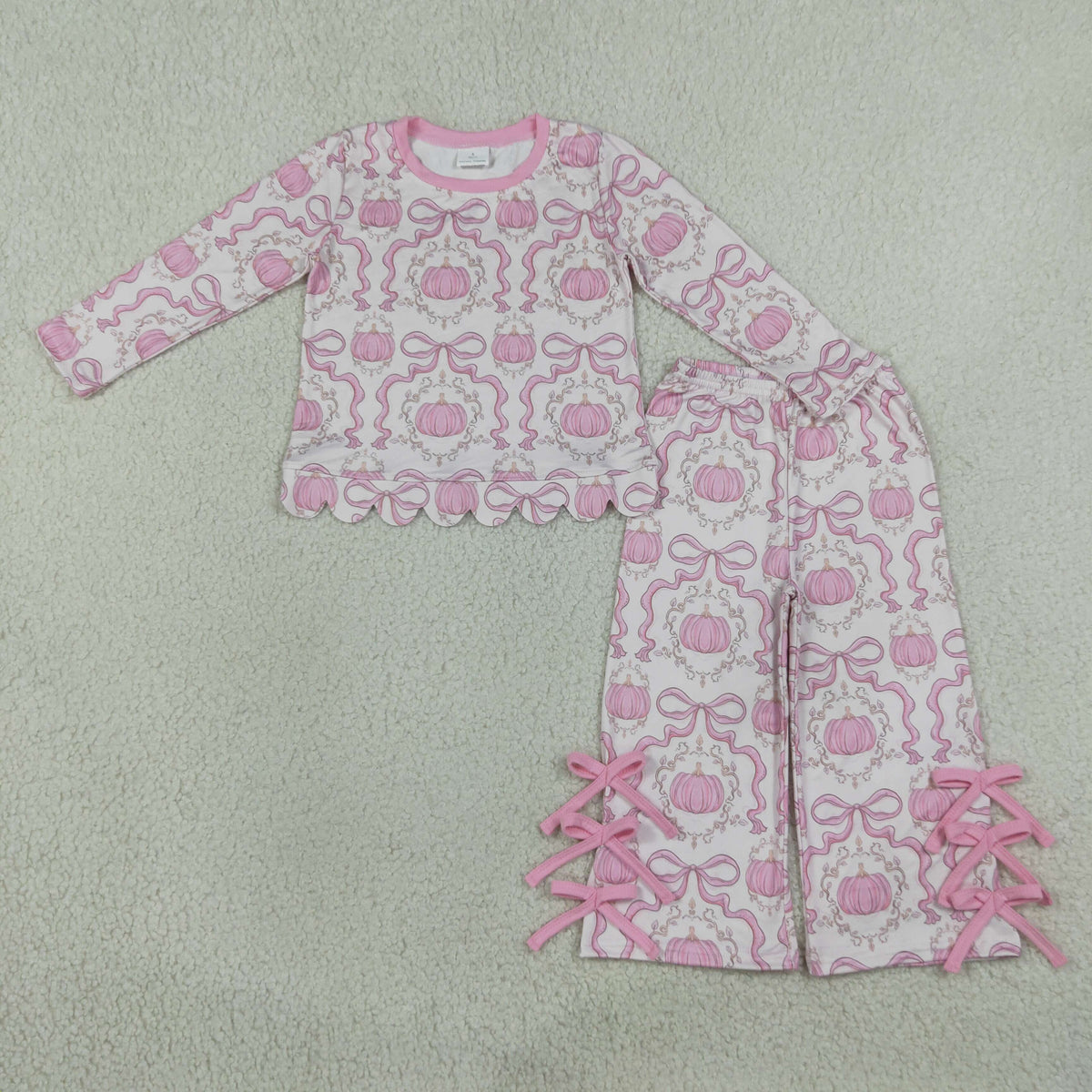 GLP3437 Baby Girls Pink Pumpkins Scallop Top Bows Flare Pant Fall Clothes Set