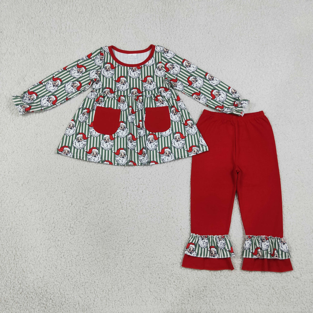 Sibling Baby Girls Santa Pockets Stripe Tunic Ruffle Pants Christmas Clothes Sets