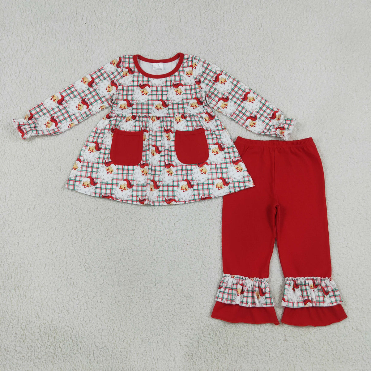 GLP3457 Baby Girls Green Red Santa Pockets Tunic Ruffle Pant Christmas Clothes Set