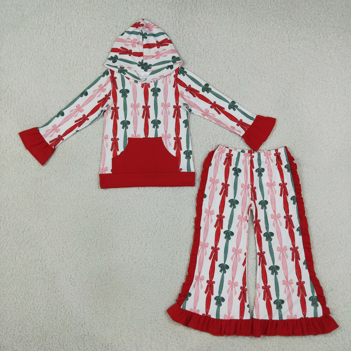 GLP3497 Baby Girls Red Green Bows Stripe Hoodie Ruffle Flare Pant Christmas Clothes Set