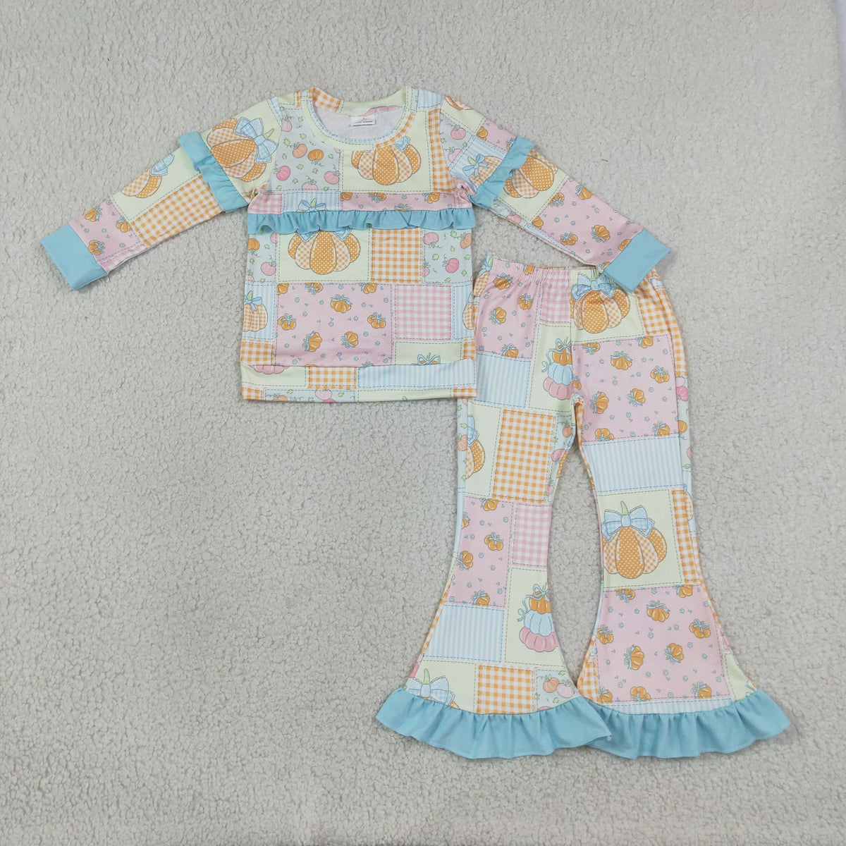 GLP3503 Baby Girls Bows Pumpkins Checked Top Ruffle Flare Pant Fall Clothes Set