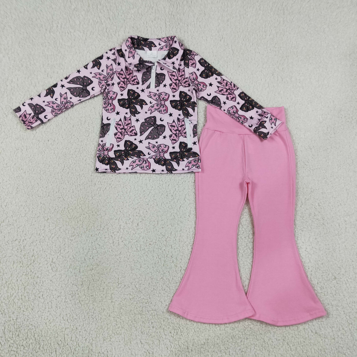 Sibling Baby Girls Bows Ghosts Santa Zip Pullovers Bell Bottom Halloween Christmas Sets