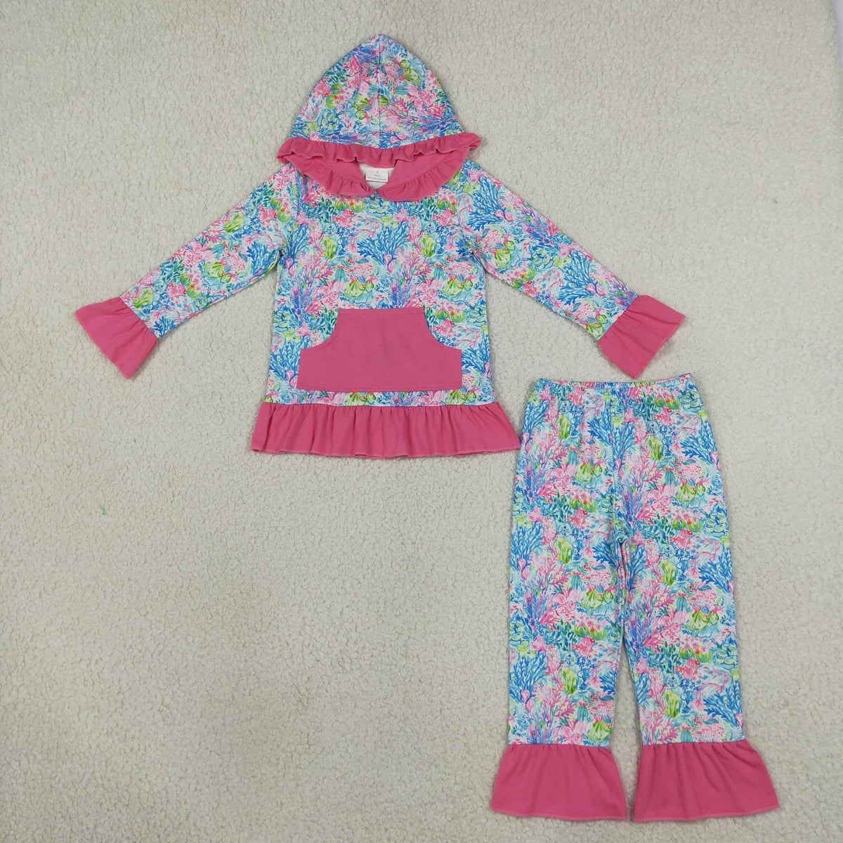 GLP3518 Baby Girls Watercolor Print Pocket Ruffle Hoodie Pant Fall Clothes Set