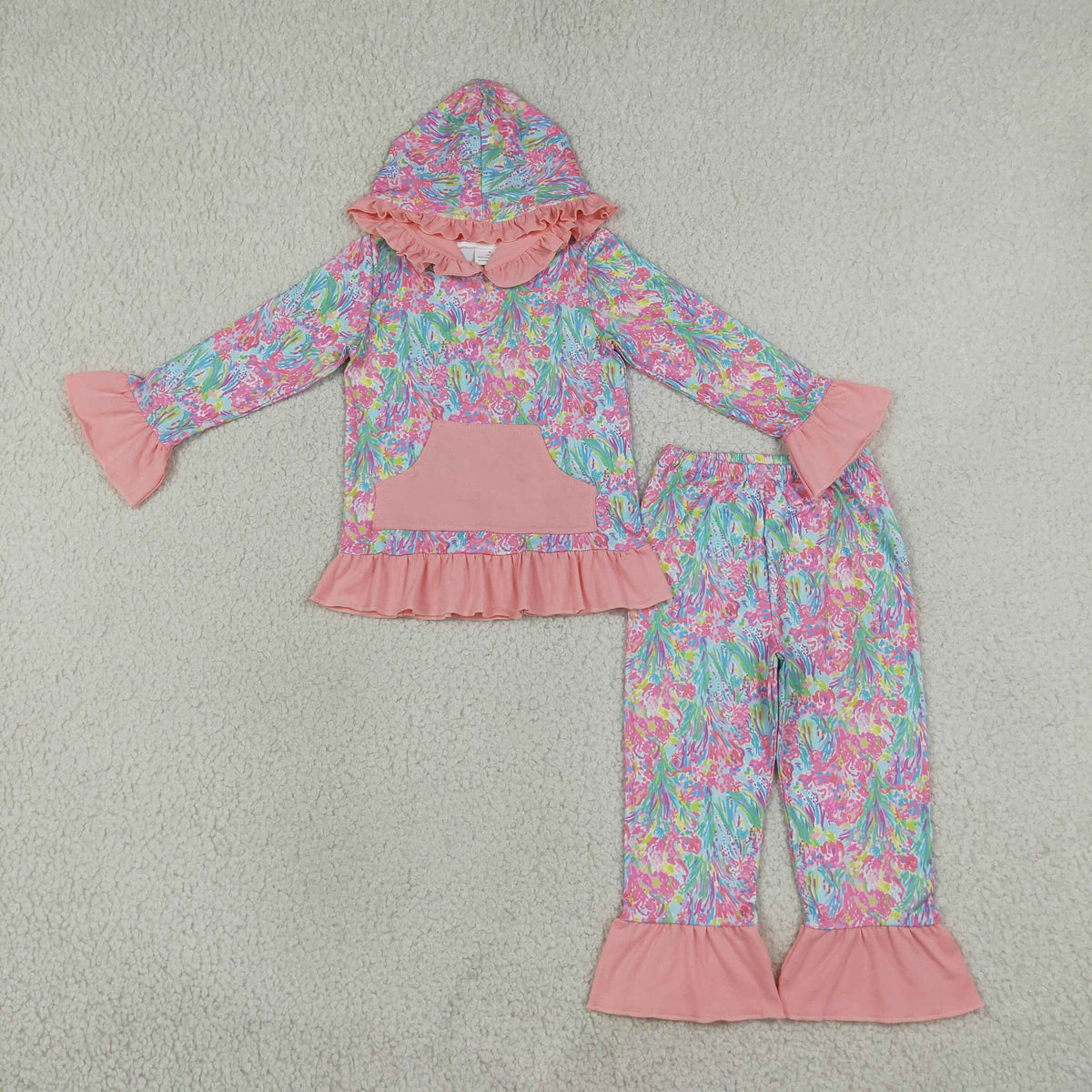 GLP3519 Baby Girls Watercolor Print Pocket Ruffle Hoodie Pant Fall Clothes Set