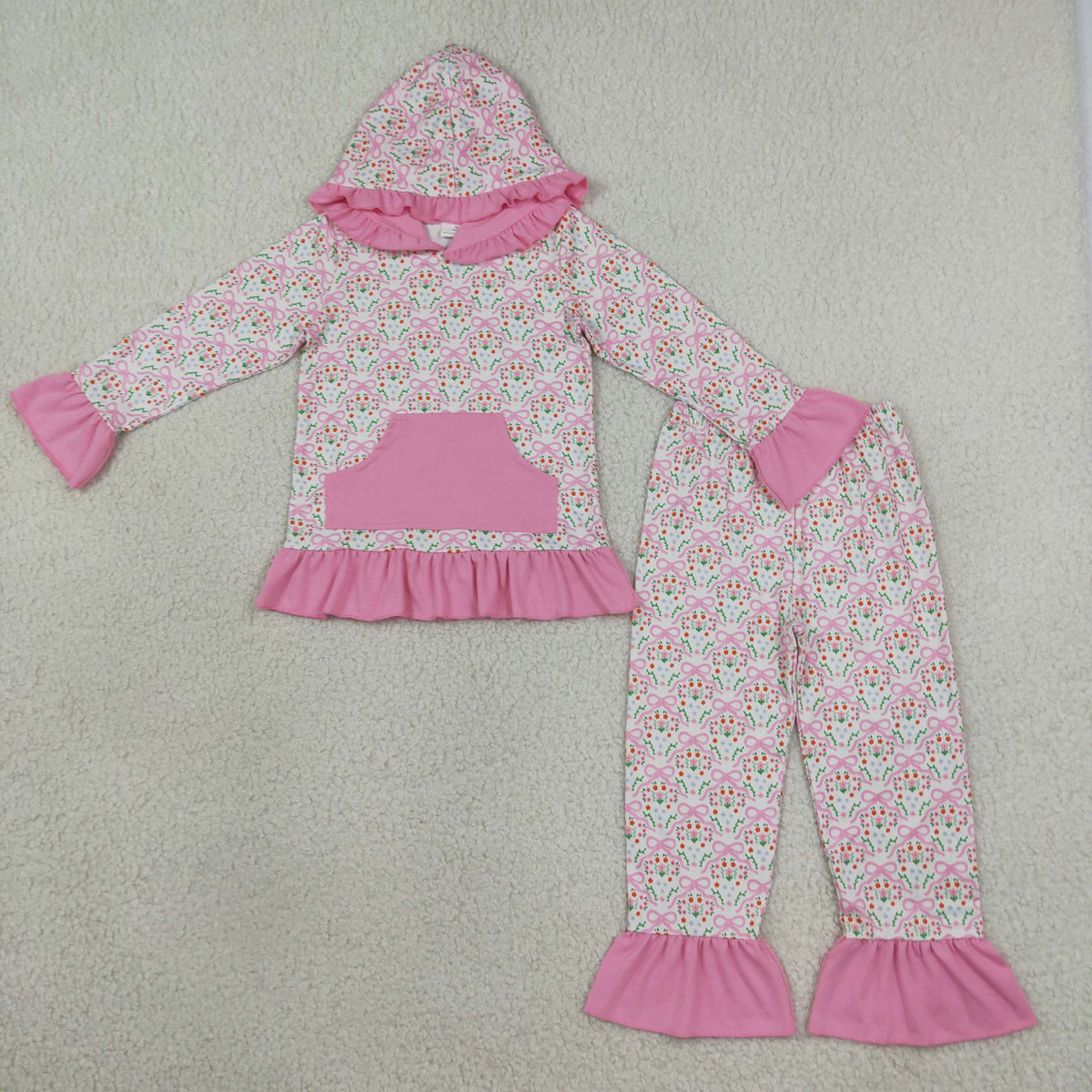 GLP3520 Baby Girls Bows Flowers Pocket Ruffle Hoodie Pant Fall Clothes Set