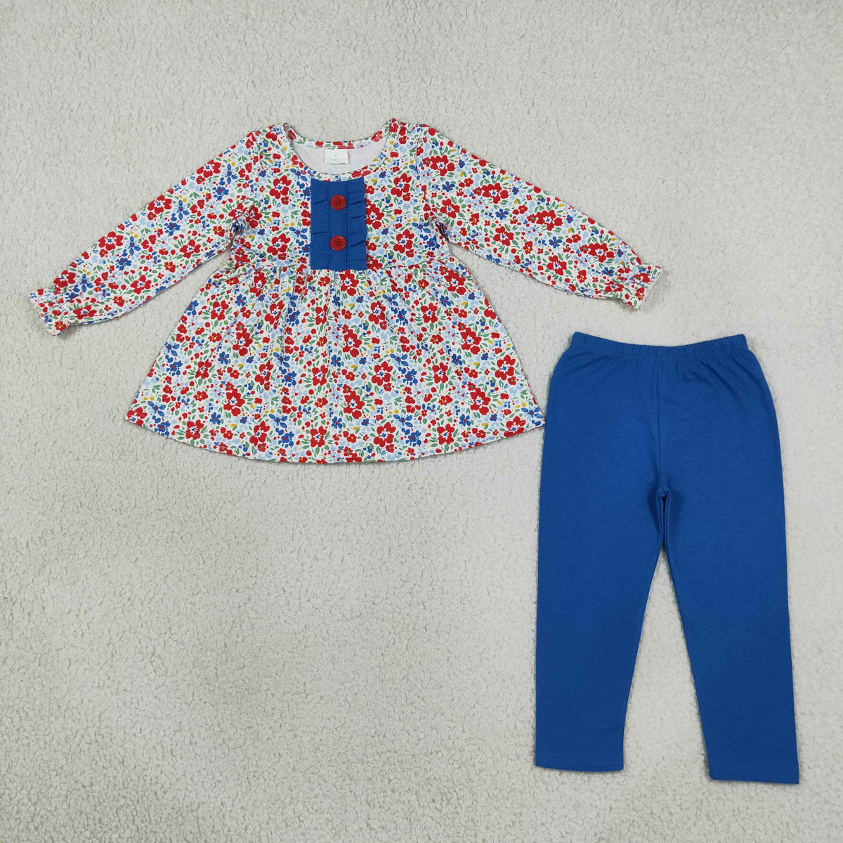 GLP3522 Baby Girls Blue Red Flowers Button Tunic Leggings Fall Clothes Sets