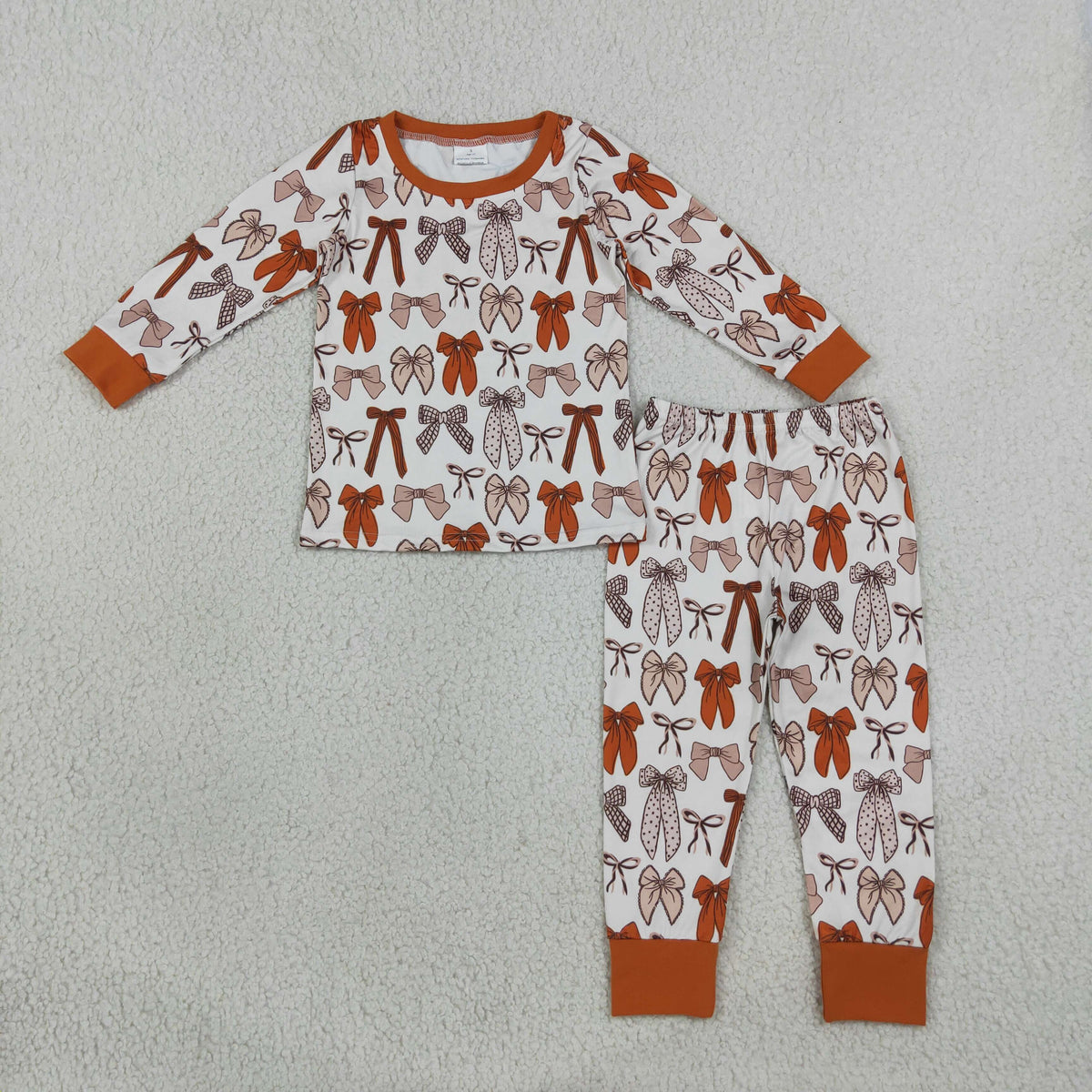 GLP3531 Baby Girls Orange Bows Plaid Top Pant Fall Pajamas Clothes Set