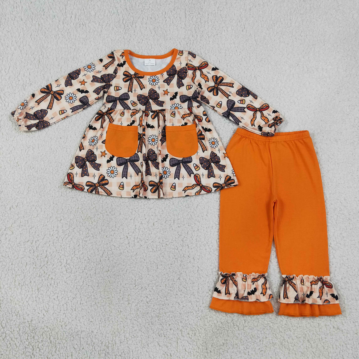 GLP3534 Baby Girls Candy Bats Bows Pockets Tunic Ruffle Pant Halloween Clothes Set