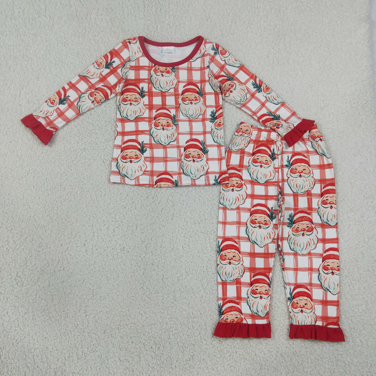 Sibling Baby Girls Red Checked Santa Ruffle Pant Christmas Pajamas Set Dress Blanked