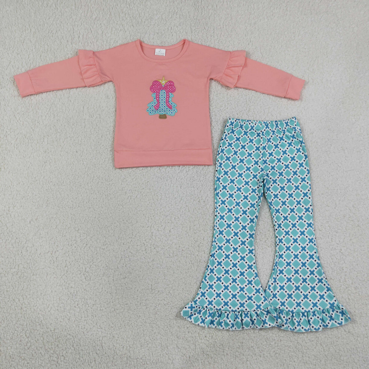 Sibling Baby Girls Embroidery Bow Trees Top Bell Bottom Pant Christmas Clothes Set Rompers