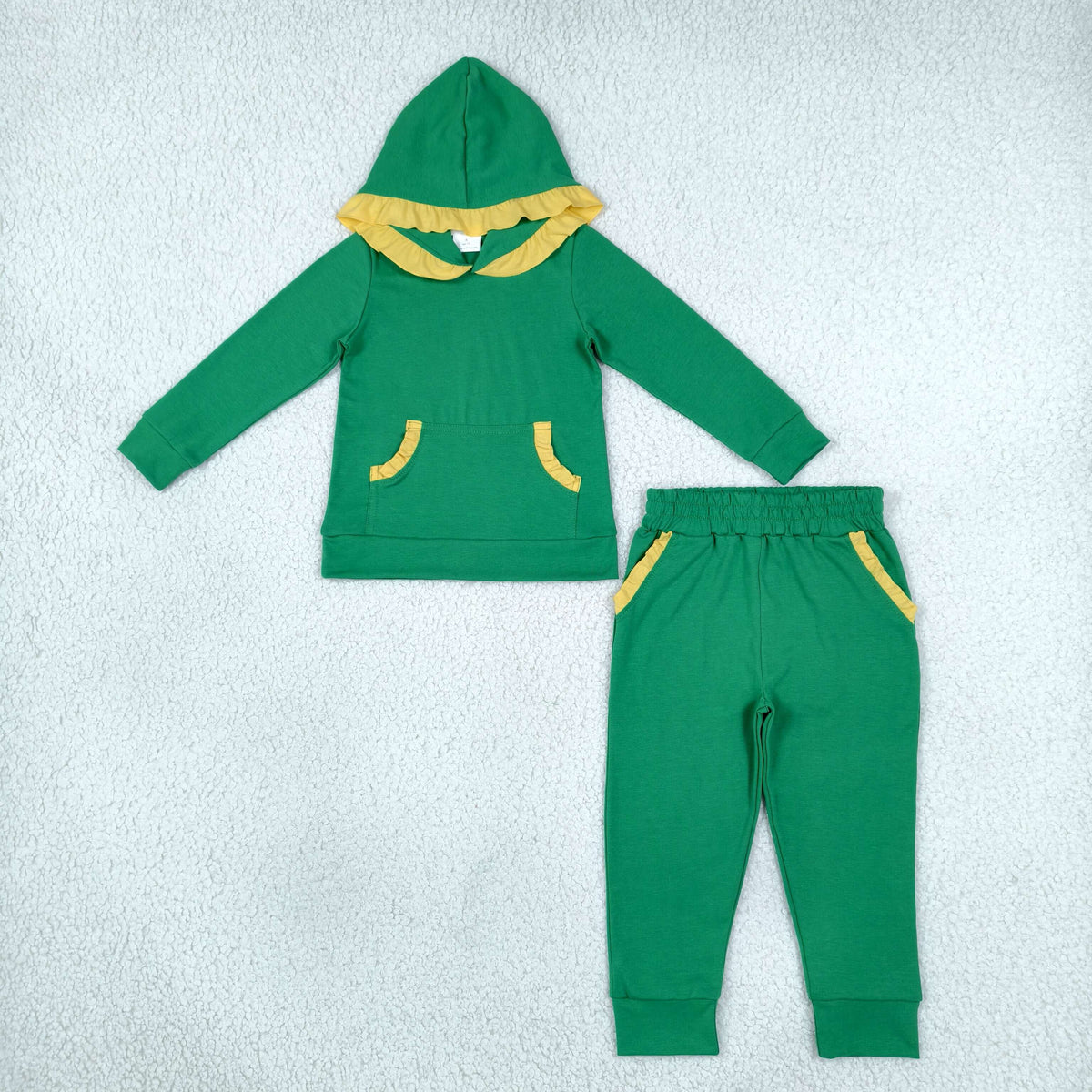 GLP3569 Baby Girls Green Pockets Ruffle Hoodies Leggings Pant Clothes Set