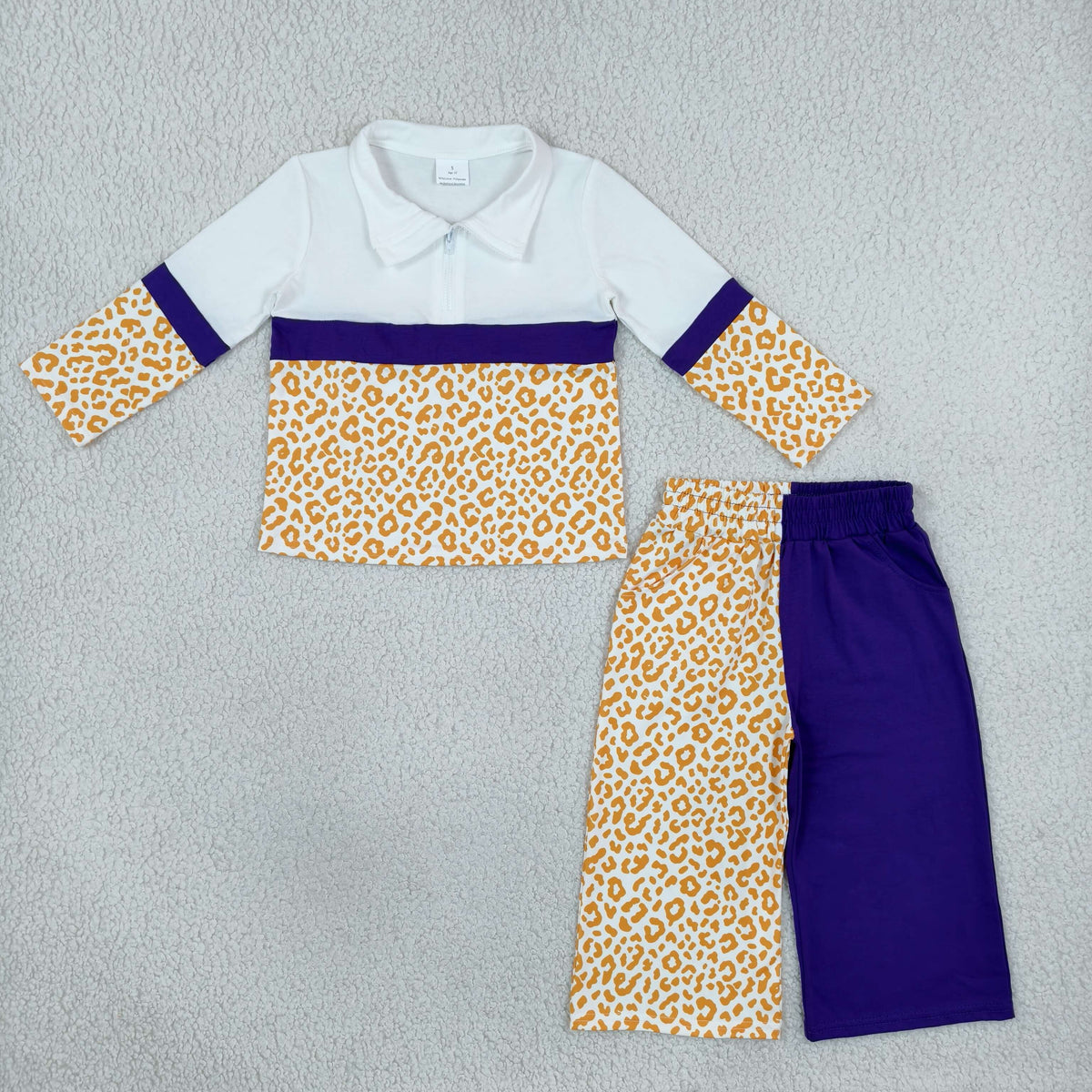 GLP3580 Baby Girls Purple Orange Leoprad Zip Pullover Pockets Flare Pant Clothes Sets
