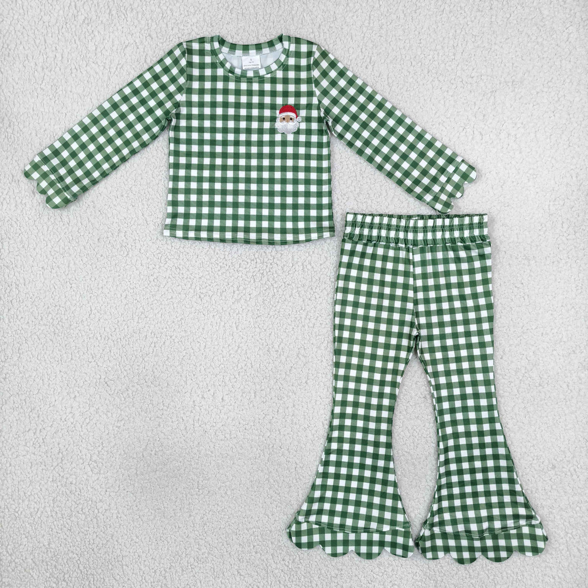 GLP3589 Baby Girls Green Checked Embroidery Santa Top Scallop Bell Bottom Christmas Set