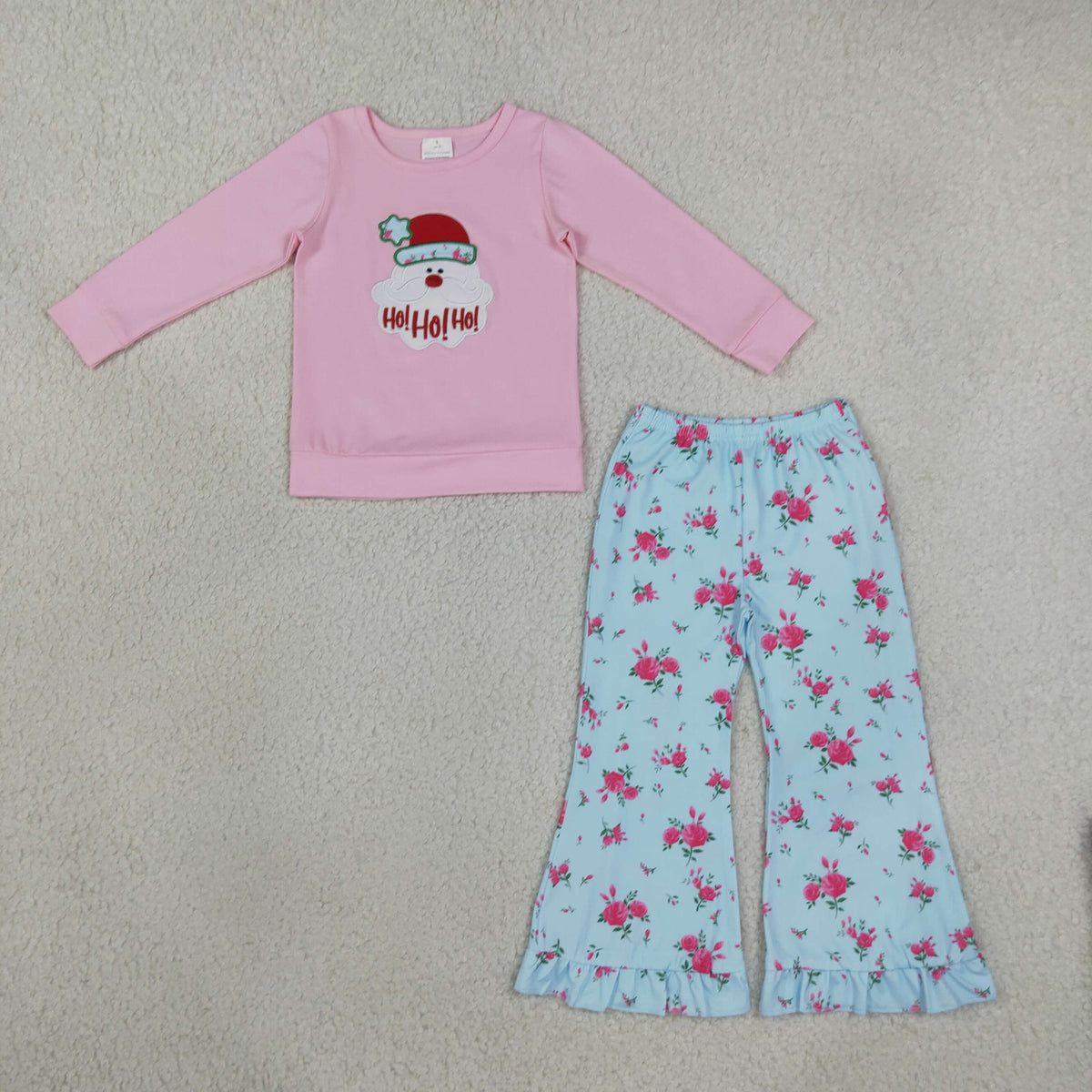 Sibling Baby Girls Embroidery Santa HO HO HO Flare Pant Christmas Set Pant Rompers
