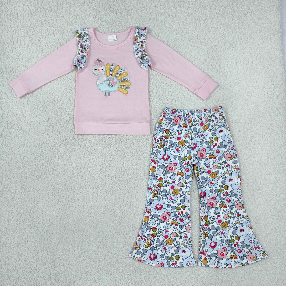 Sibling Baby Girls Embroidery Flowers Turkey Flare Pant Thanksgiving Set Pant Rompers