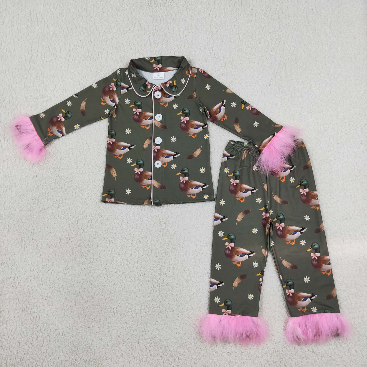 GLP3629 Baby Girls Flowers Ducks Button Top Pants Hunting Fur Sleeve Pajamas Sets