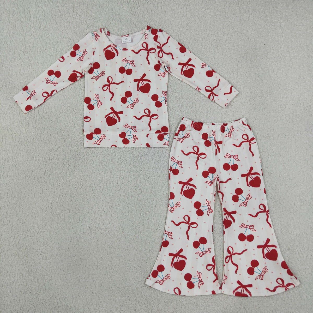 GLP3636 Baby Girls Bows Hearts Cherry Top Flare Pant Valentines Clothes Set