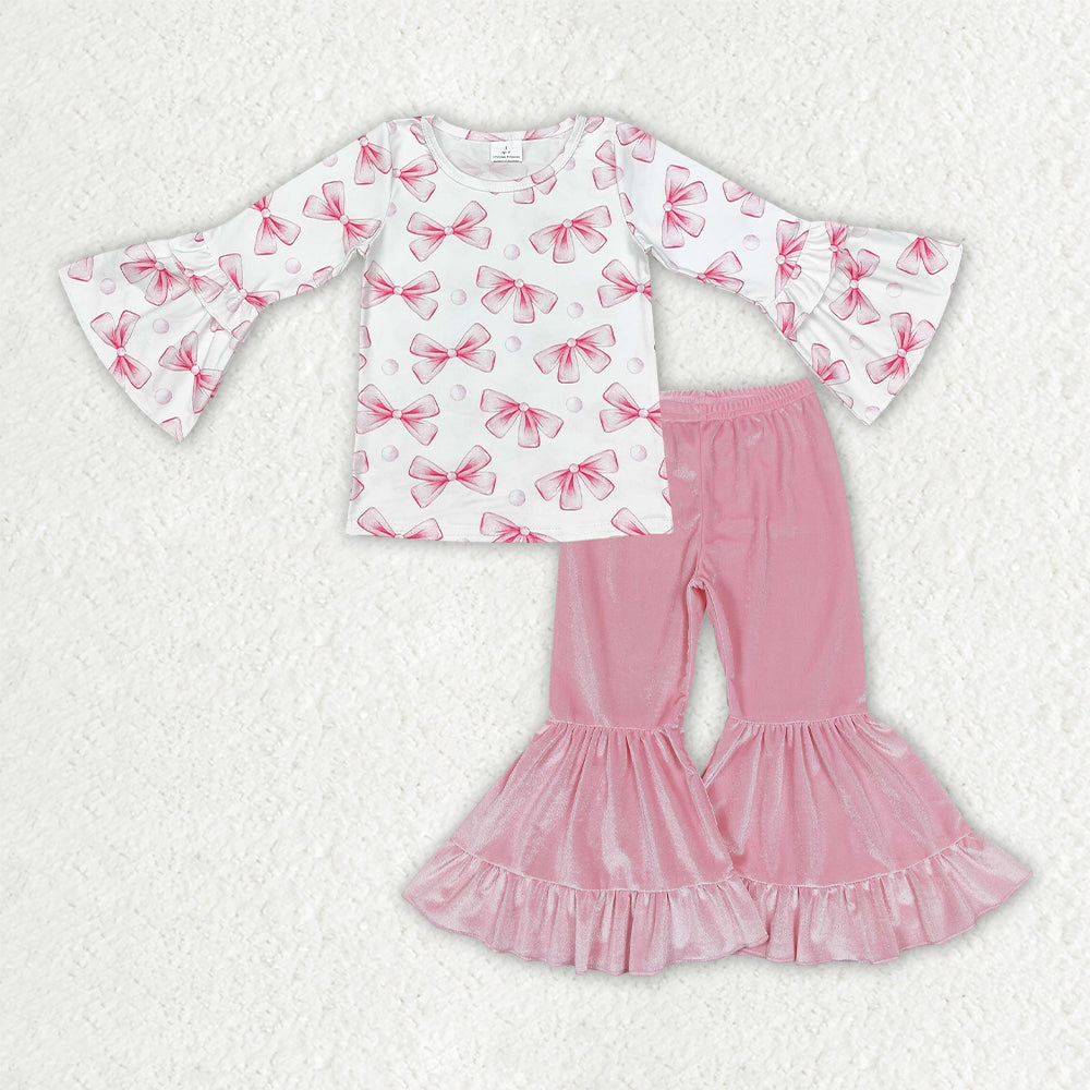 GLP3638 Baby Girls Pink Bows Bell Sleeve Top Velvet Bell Bottom Pant Clothes Set