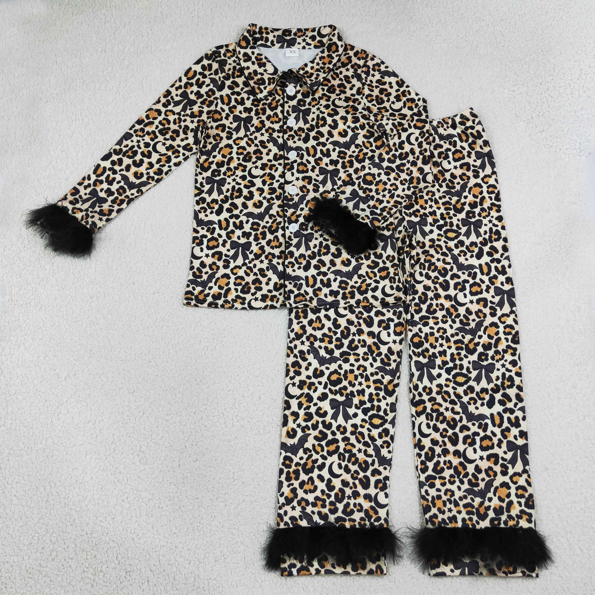 Mama and Me Bats Leopard Button Top Pants Halloween Fur Sleeves Pajamas Sets