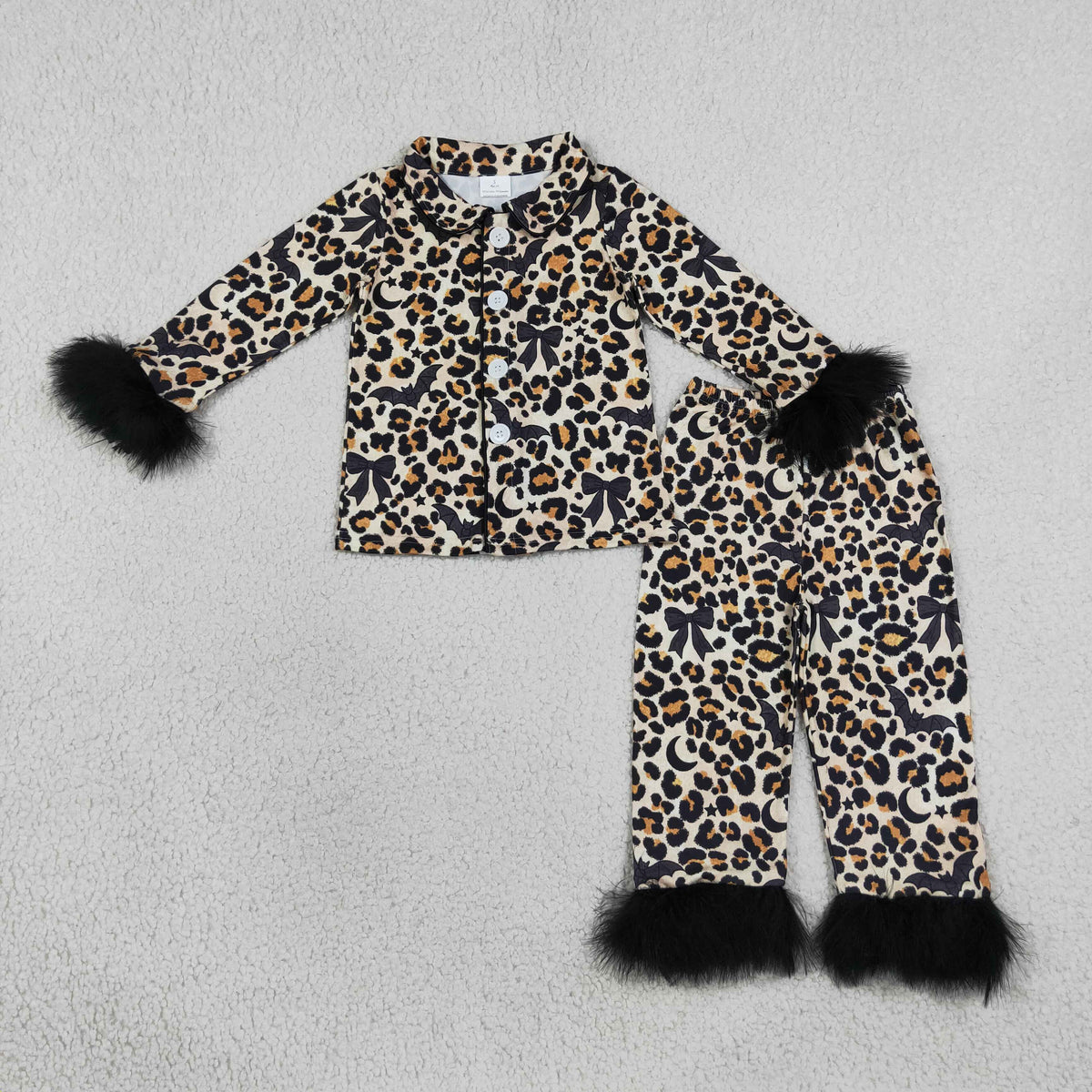 GLP3640 Baby Girls Leopard Bats Button Top Pants Halloween Fur Sleeve Pajamas Sets