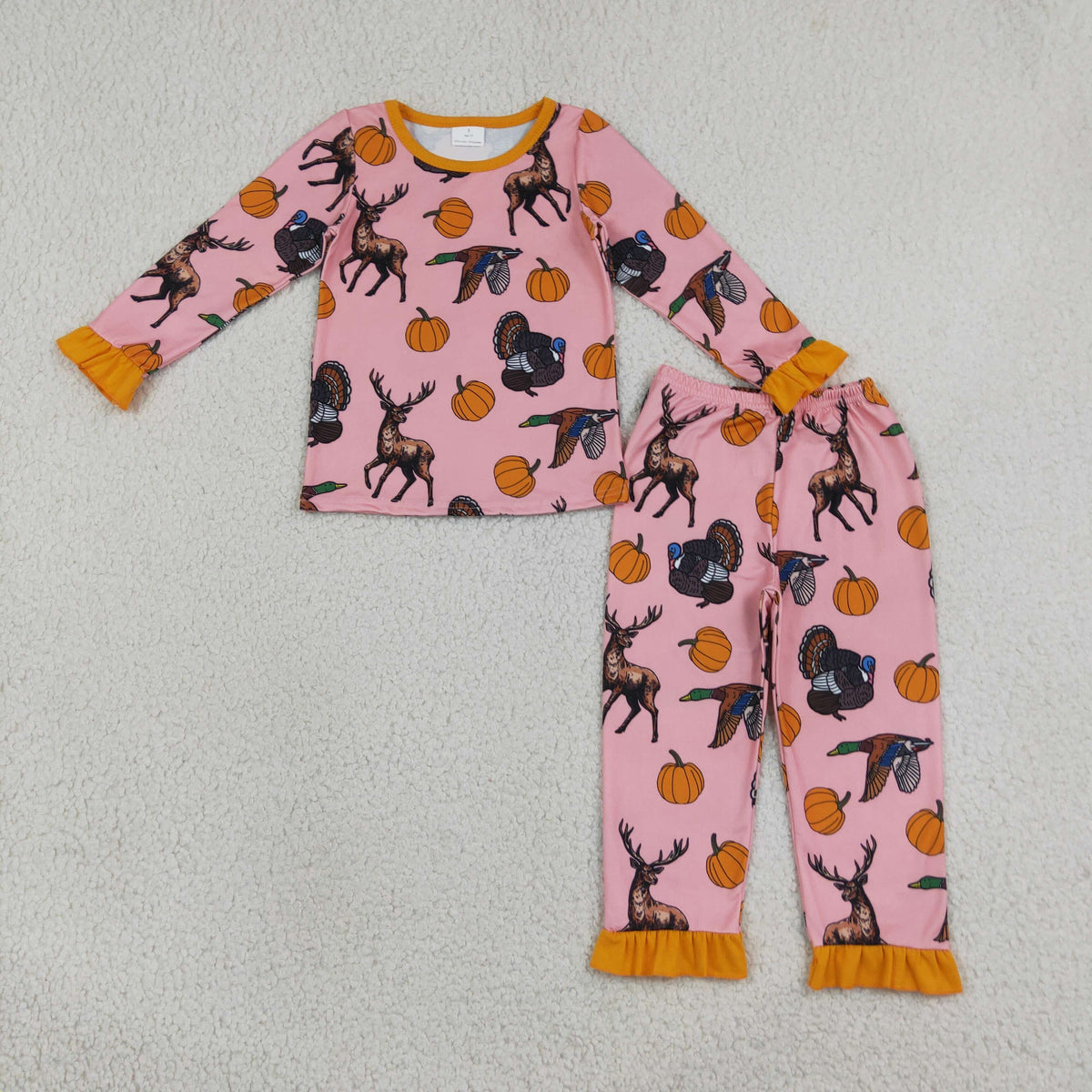GLP3655 Baby Girls Deer Ducks Turkey Pumpkins Top Ruffle Pant Thanksgivings Pajamas Set