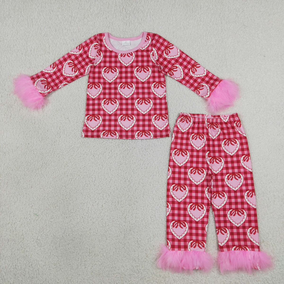 Sibling Baby Girls Bows Hearts Pants Fall Winter Fur Sleeves Pajamas Sets