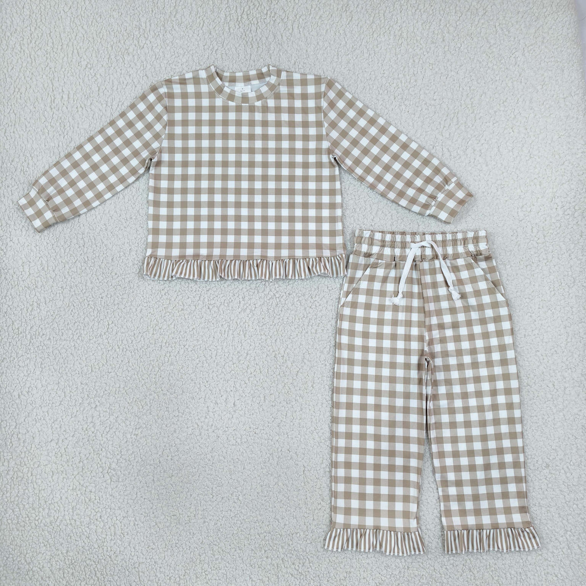 Sibling Baby Girls Long Sleeve Checked Shirt Top Pockets Pant Clothes Sets