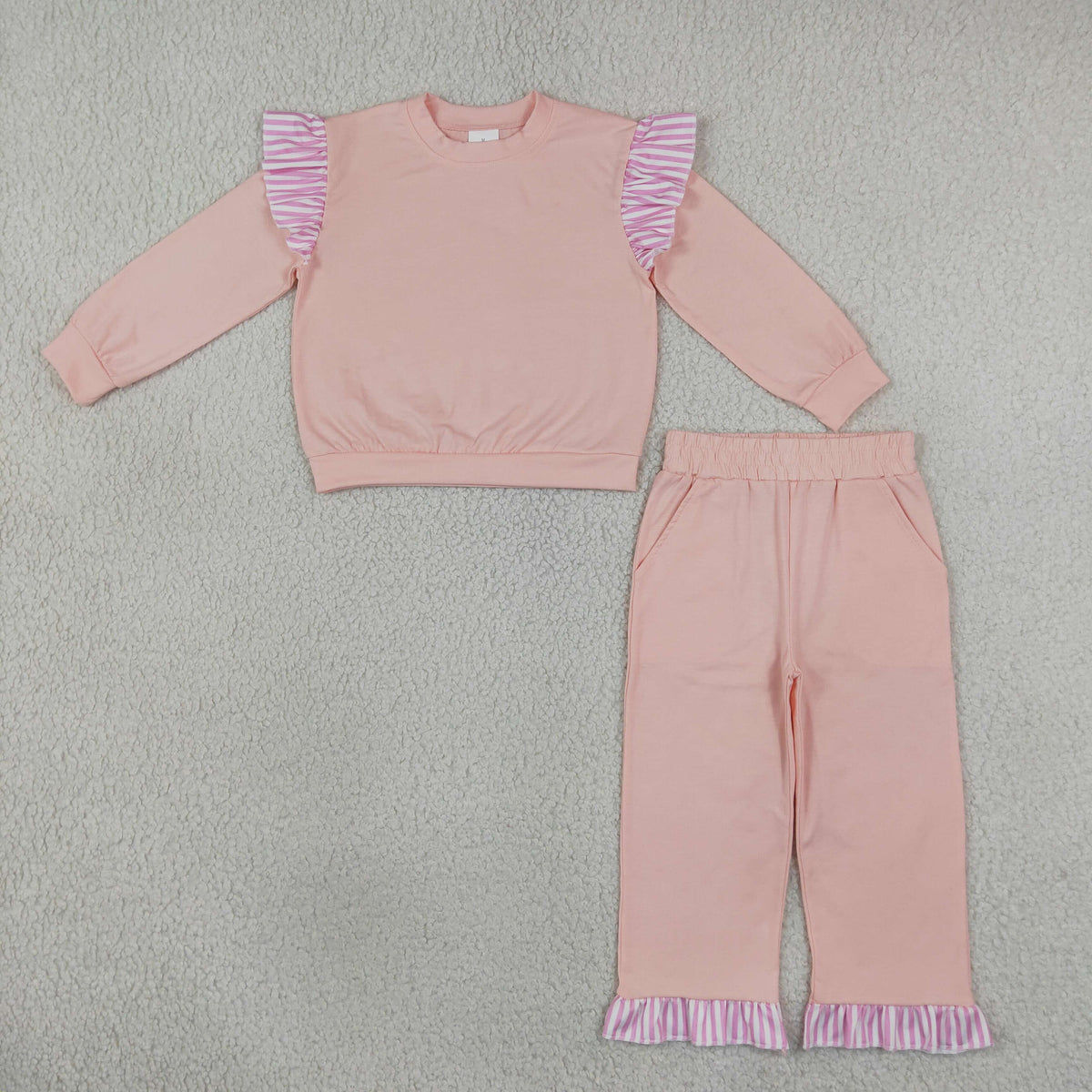 GLP3702 Baby Girls Pink Stripe Flutter Sleeve Top Pockets Ruffle Pant Clothes Set