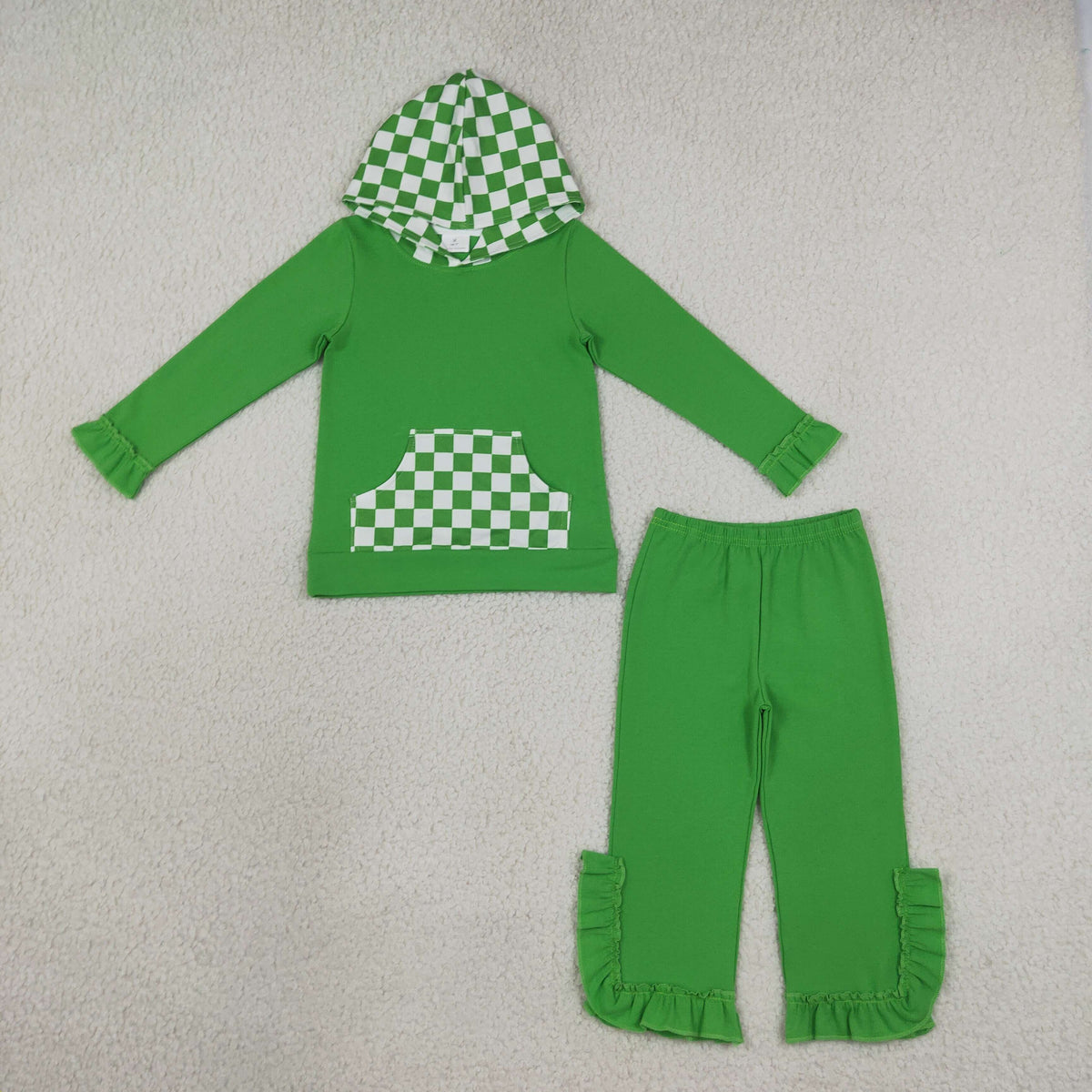 Sibling Baby Girls Long Sleeve Checked Pocket Hoodie Ruffle Pant Cotton Clothes Sets