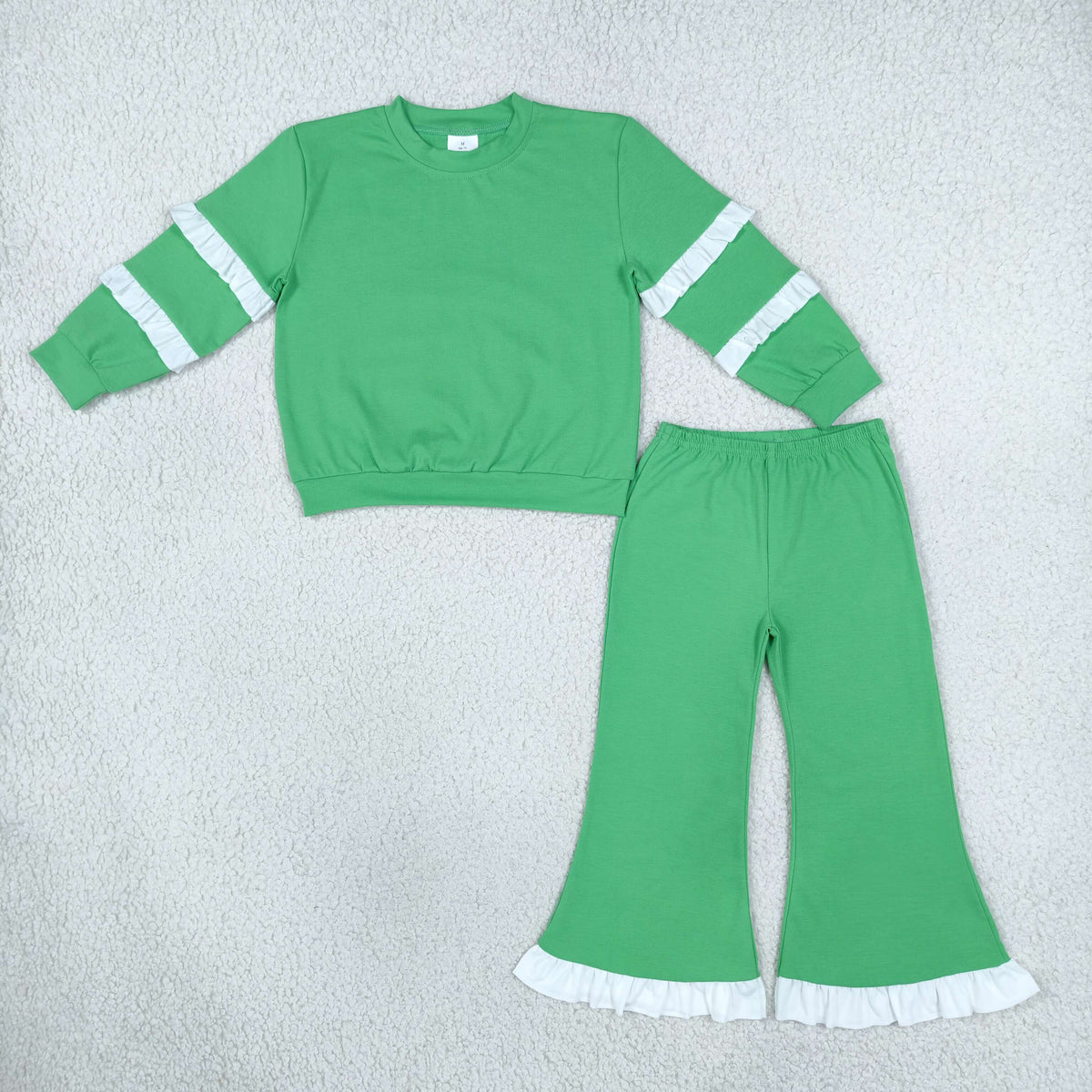 GLP3717 Baby Girls Green White Long Sleeve Shirt Top Ruffle Flare Pant Cooton Clothes Sets