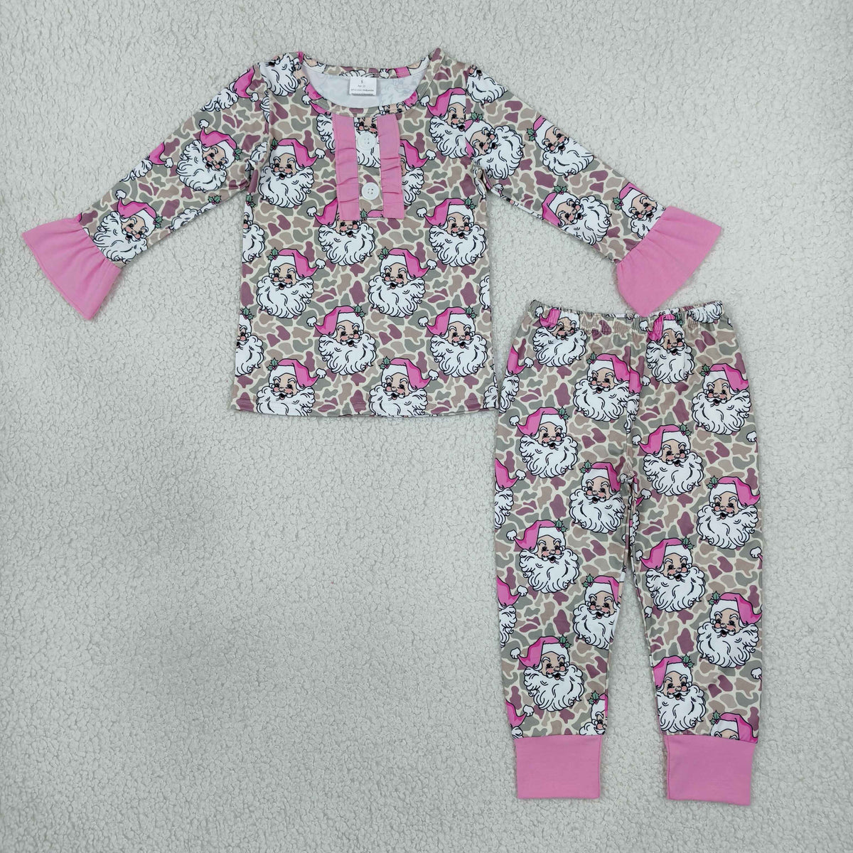 GLP3734 Baby Girls Long Sleeve Khaki Camo Santa Button Top Pant Christmas Pajamas Set